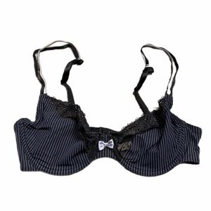 90s French Vintage Passionata Stripe Lace Trim Unlined Bra (Blue/Black) 32/34C